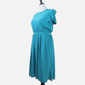 Vintage 1980s Sunshine Alley Size 12 Ruffle Sleeve Dress Teal Satin